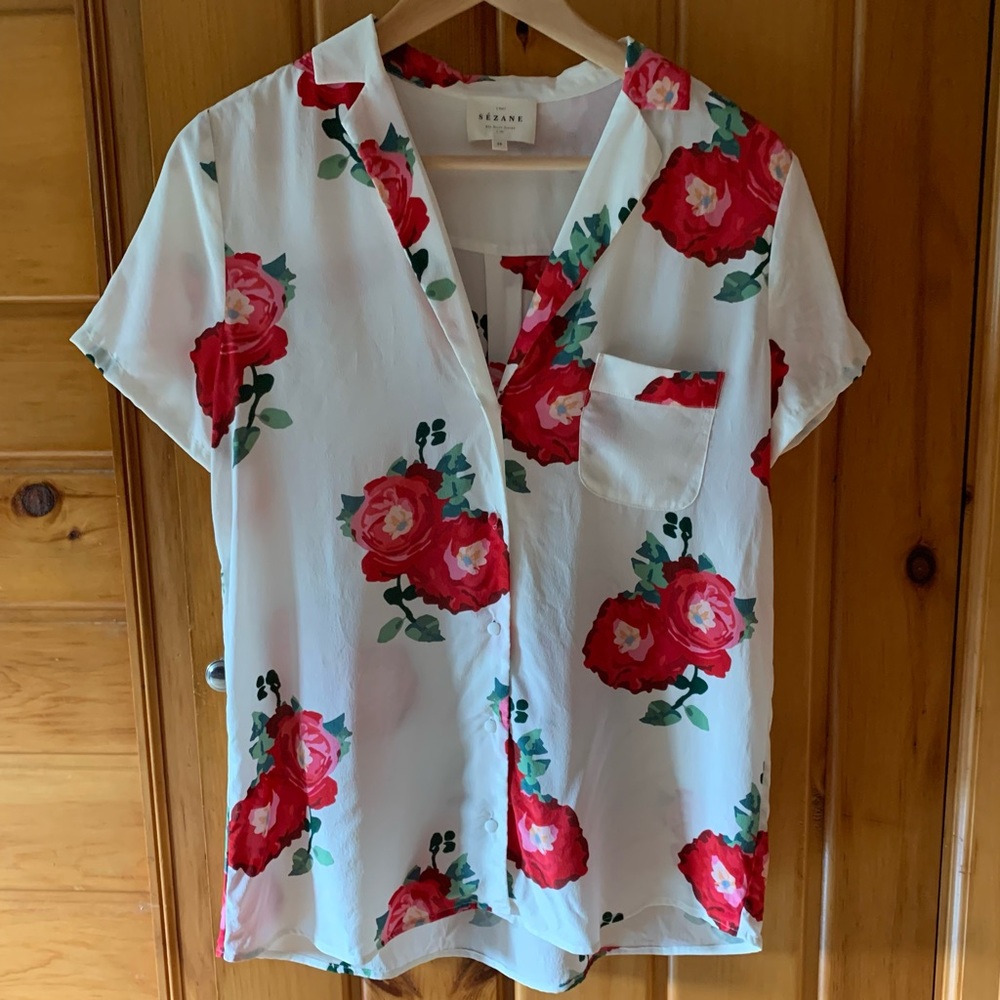Sezane chemise Florence- floral peonie print silk blouse 38